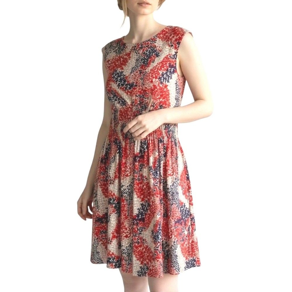 Preppy Smocked Waist Midi Dress Floral Garden Party Americana Red White Blue M